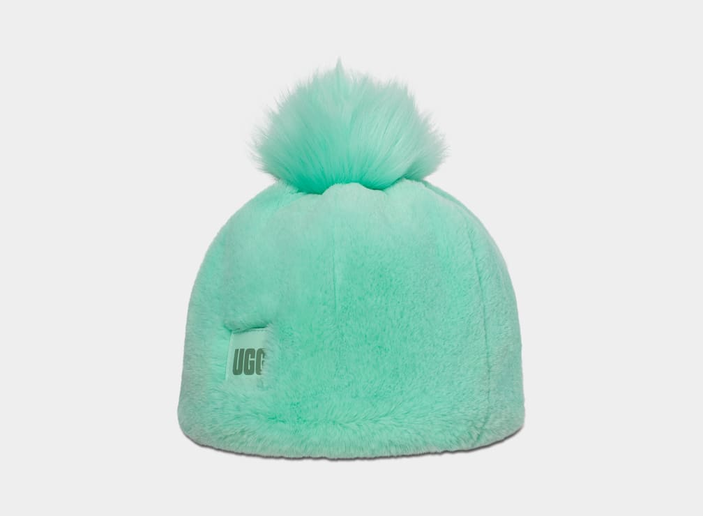 Turquoise Ugg Faux Fur W Pom Women Beanie | 645782-NET