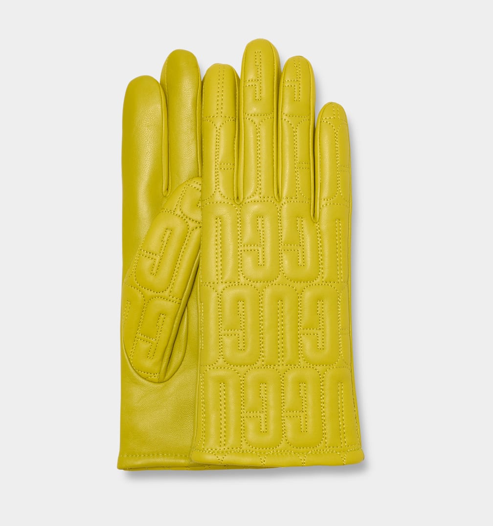 Yellow Ugg Leather Quilted Logo Women Gloves | 593468-SNK