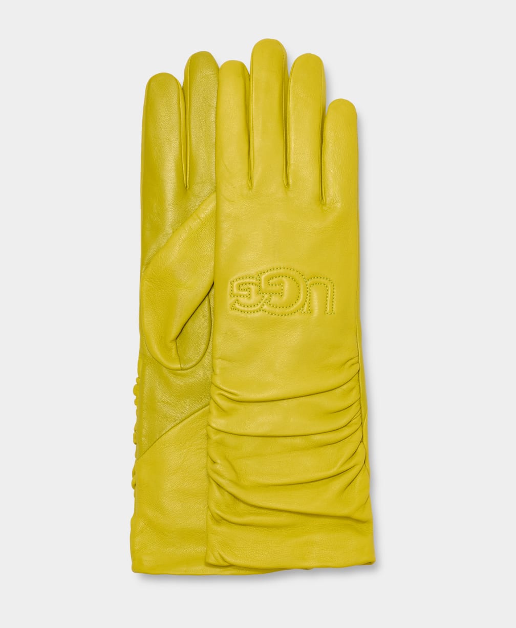 Yellow Ugg Leather Scrunched Logo Women Gloves | 136409-FQV